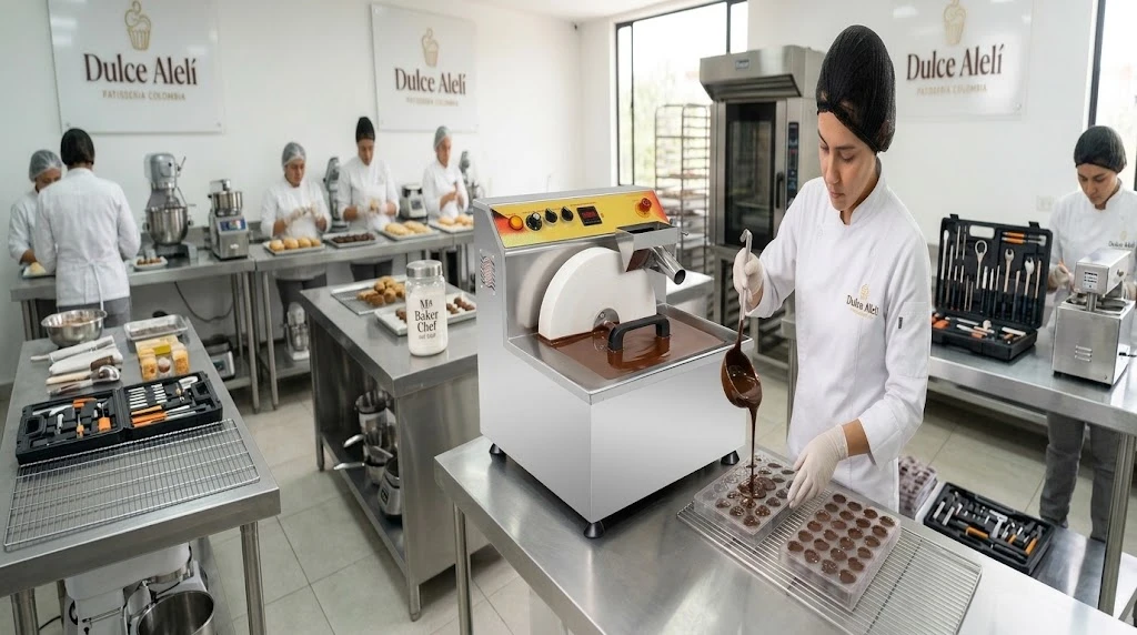 Atemperadora de chocolate para producción profesional de bombones